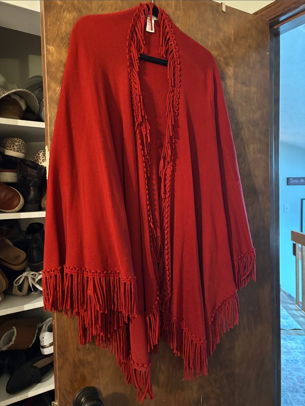 Coldwater Creek Red Fringed Knit Cape